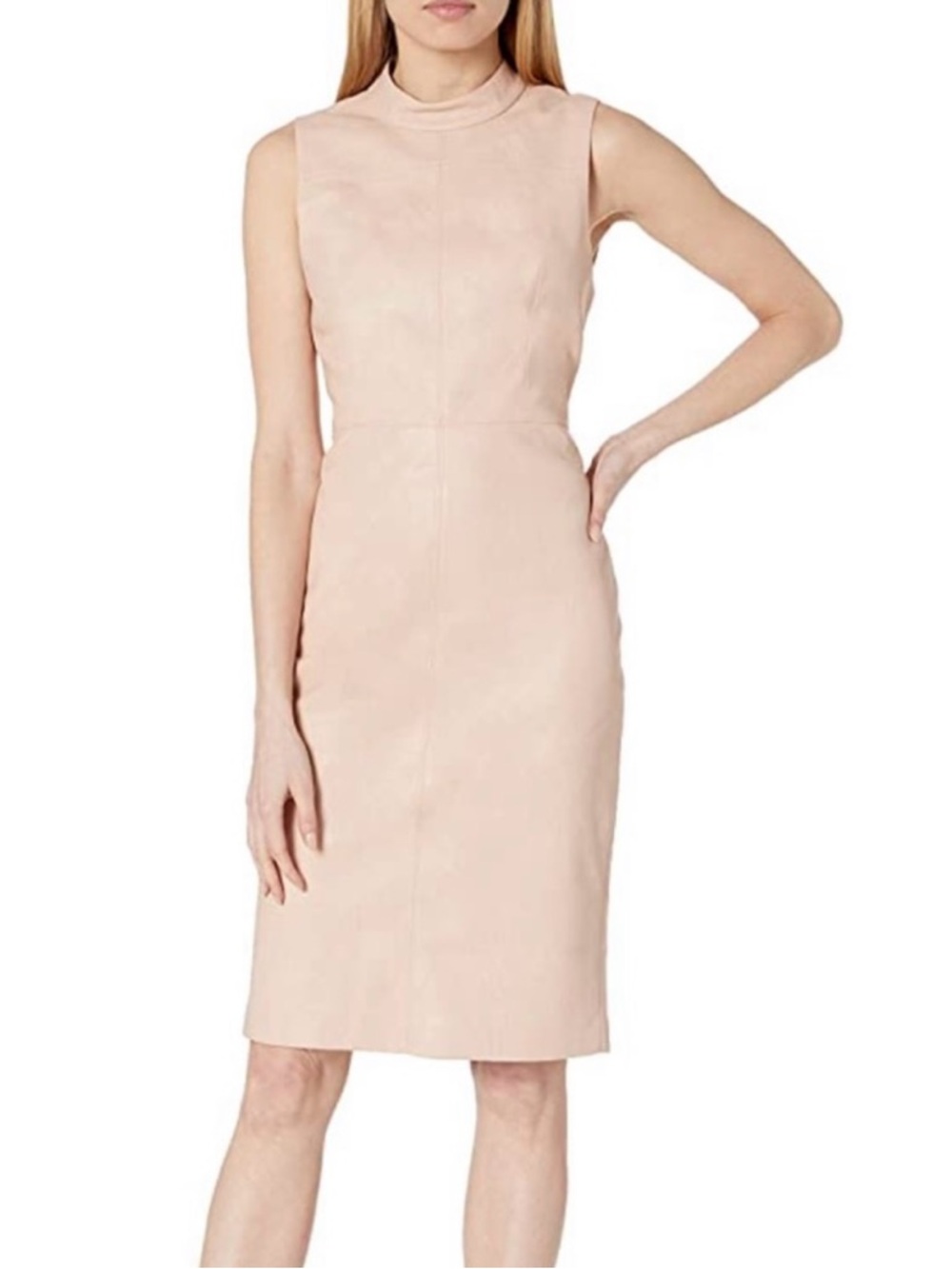 NWT BCBGMaxazria Faux Leather Mock Neck Midi Shift Dress Blush Size 6